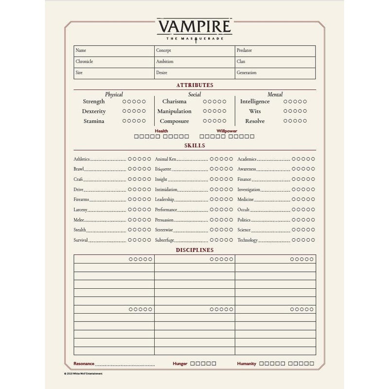 Vampire the Masquerade 5th - Character Sheet